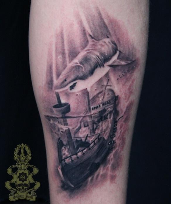 Black And Grey Shark Sunken Ship Tattoo Golden Iron