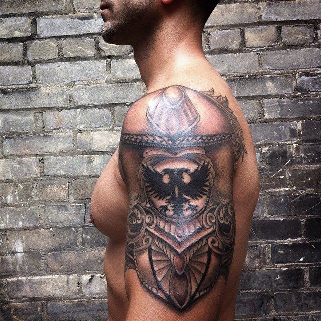 Roman Armor Half Sleeve Chest Back Piece Tattoo Design Designer Andrija  Protic  Tatuagem de armadura no ombro Armadura ombro Tatuagem de armadura