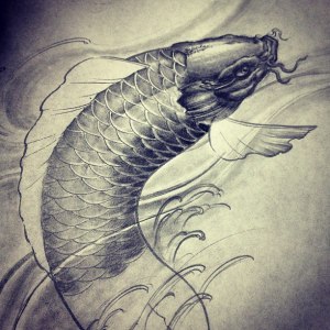 Koi Fish sketch tattoo design.  Golden Iron Tattoo Studio is located on 363 Spadina Ave Toronto ON, M5T 2G3. For inquires on booking an appointment please contact (416)-903-1624 during opening hours 11:00AM-8:00PM