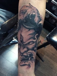 Custom Designed Japanese Hannya Mask Tattoo By Cysen. For any inquires check us out at http://goldenirontattoostudio.com/ or to book an appointment contact (647) 347-9363 during opening hours 11:00AM-8:00PM 
