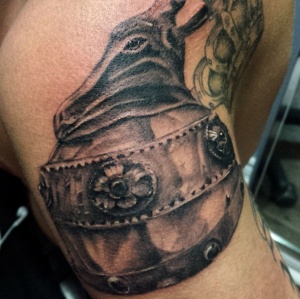 First session armor tattoo in progress by Kristian.  For all inquires check us out at http://goldenirontattoostudio.com/  