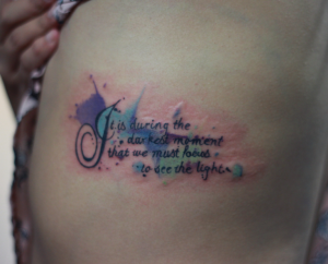 Water Color Script Tattoo By @unklegregory For all inquires check us out at http://goldenirontattoostudio.com/