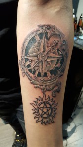 Compass tattoo done by Phillip. For all inquires check us out at http://goldenirontattoostudio.com/