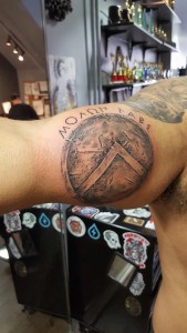 Spartan sheild tattoo by phillip. For all inquires check us out at http://goldenirontattoostudio.com/