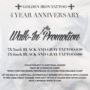 Bring you’re own design, reference or choose from available flash.  3"x3" Black & Grey Tattoo $50  4"x4" Black & Grey Tattoo $80  *Color subject to additional charge 1st ten walk-in clients will automatically be entered into a raffle with a chance to win a $200.00 credit towards their next tattoo at Golden Iron Tattoo Studio. (With a minimum spend of 100.00)  #toronto #torontoart #thefineartfactory #goldenirontattoostudio #the6 #the6ix #tdot #thesix #torontotattoo #tattoostudio (at Golden Iron Tattoo Downtown Toronto)